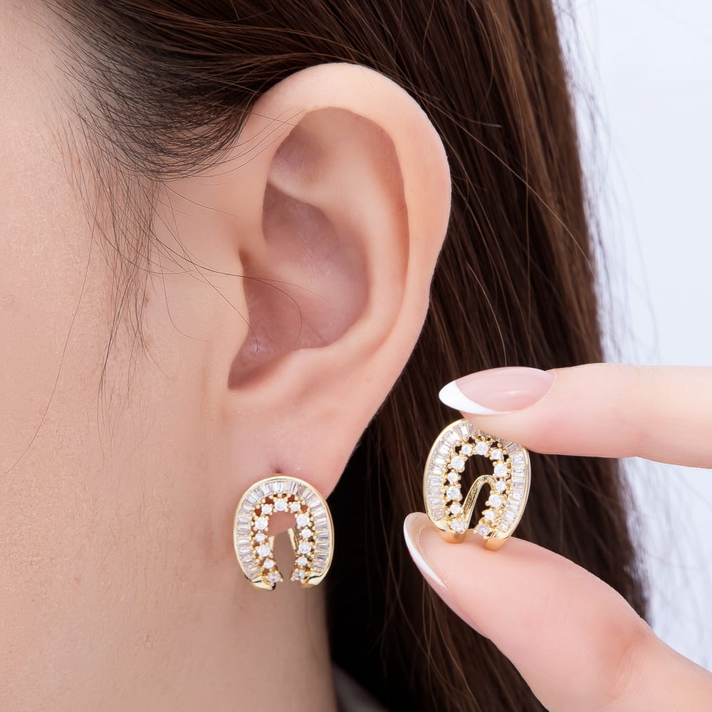 16K Gold Filled 18mm Horseshoe Baguette & Round CZ C-Hoop Stud Earrings | Earrings-00944
