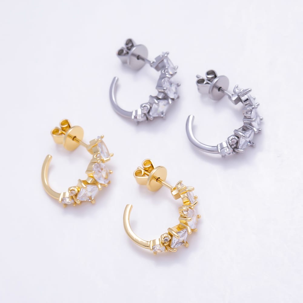 16K Gold Filled 21mm Mixed Cut Clear CZ C-Hoop Stud Earrings | Earrings-01044 - Earrings-01045