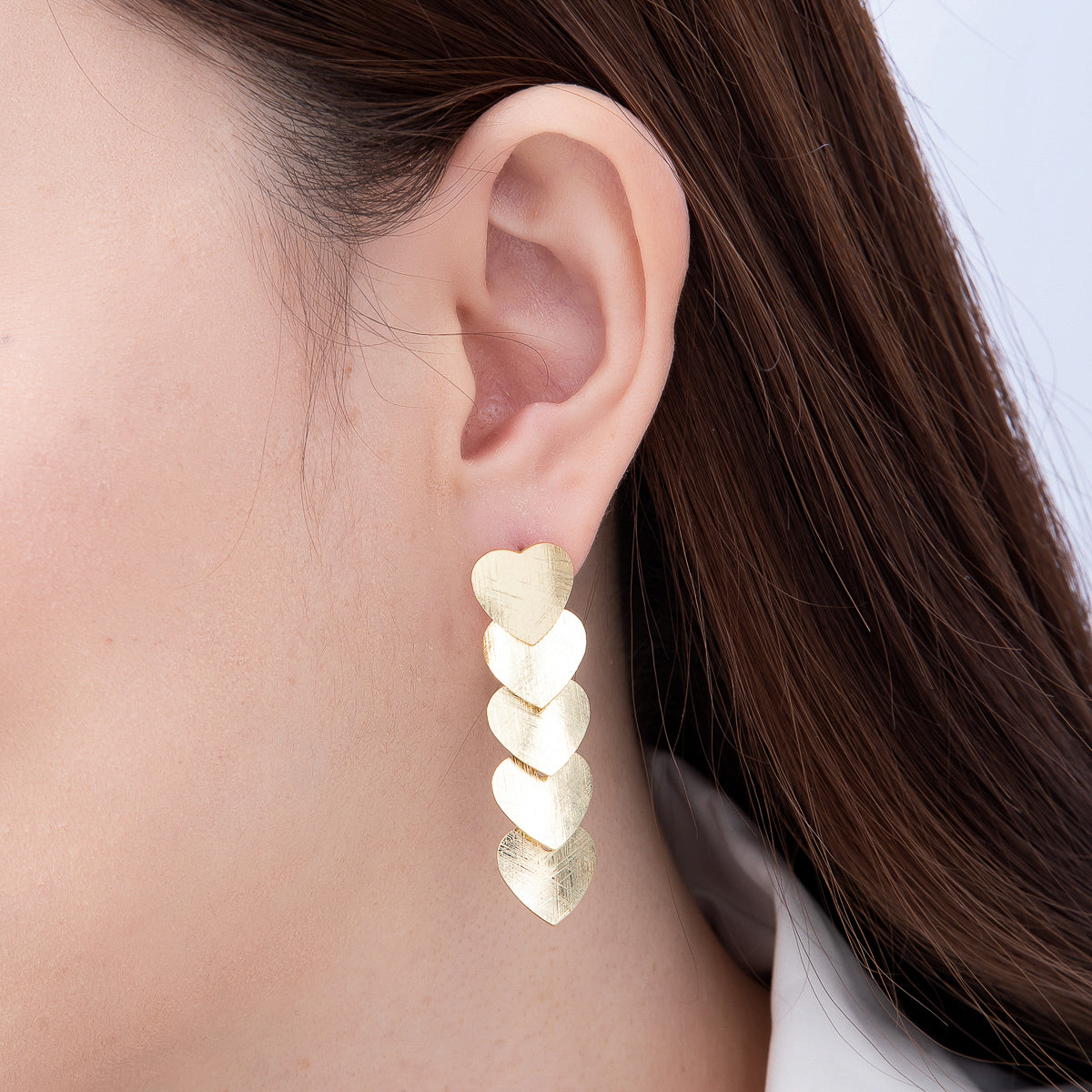 16K Gold Filled 50mm Multiple Line-Textured Heart Drop Stud Earrings | Earrings-00725