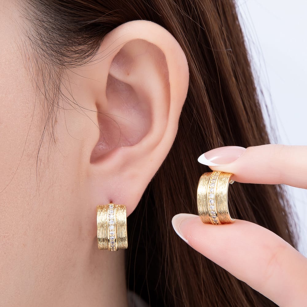 16K Gold Filled 19mm Wide Vertical Brushed Textured C-Hoop Earrings| Earrings-00816