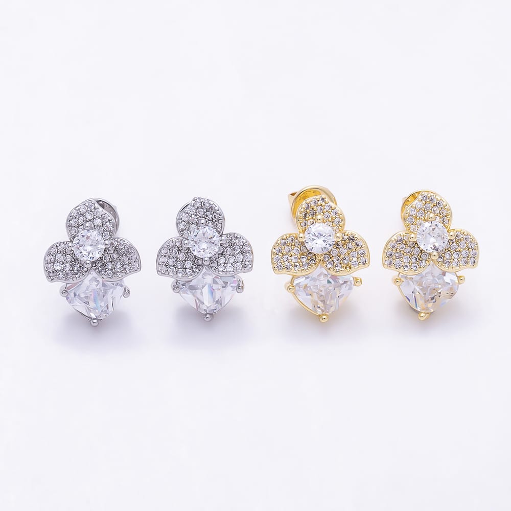 16K Gold Filled 17mm Clear Micro Paved CZ Flower Drop Stud Earrings in Gold & Silver | Earrings-01053 Earrings-01054