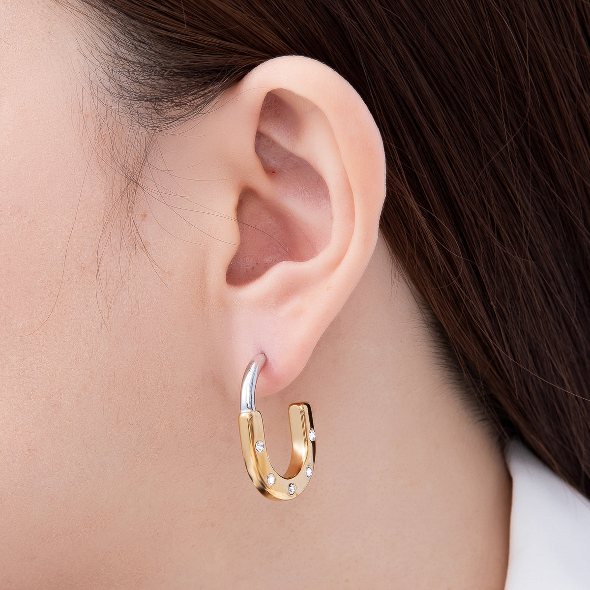 Stainless Steel 29mm Clear CZ Dotted Mixed Metal J-Shaped Hoop | Earrings-00714