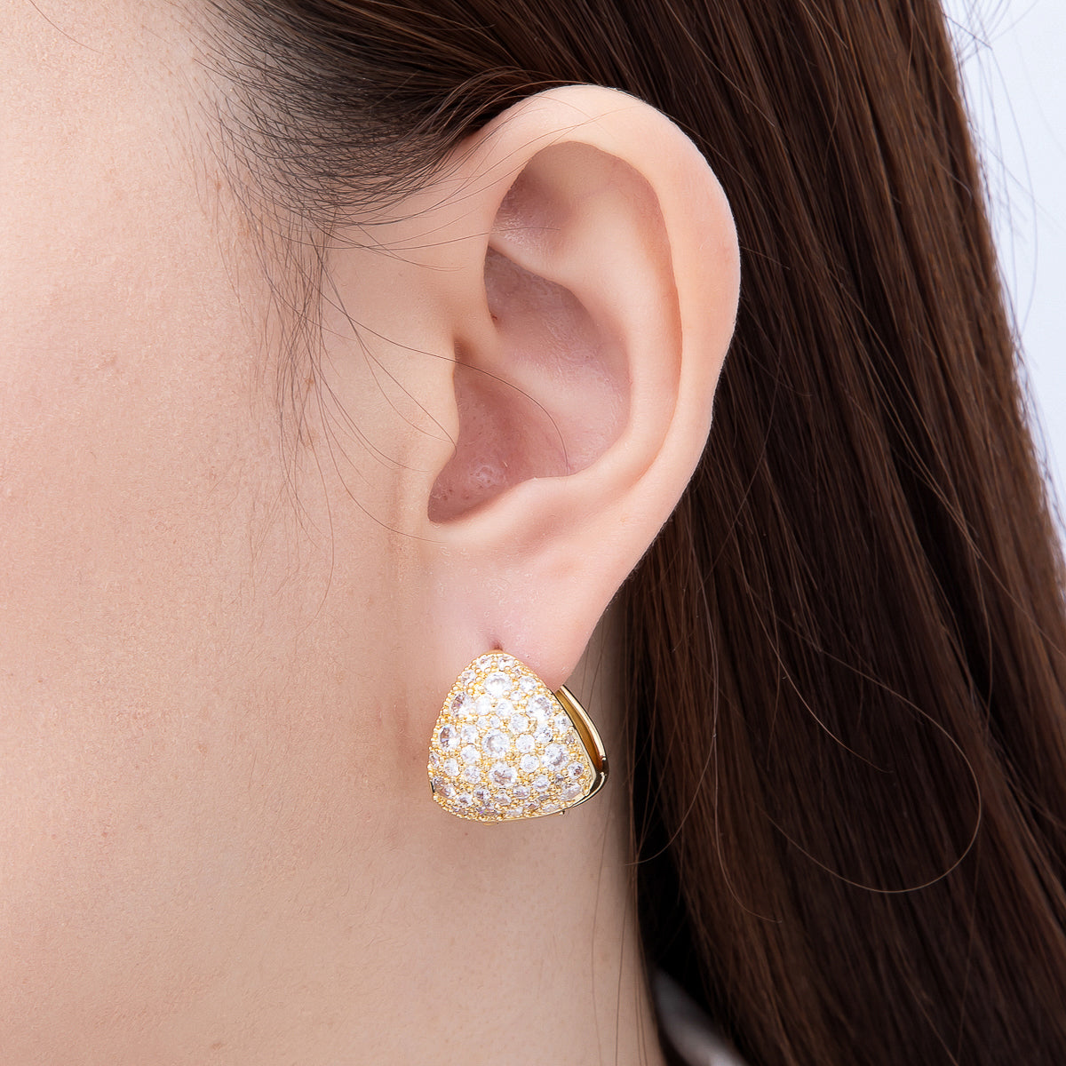 16K Gold Filled 19mm Micro Paved CZ Chunky Triangular Huggie Hoop Earrings | Earrings-00803