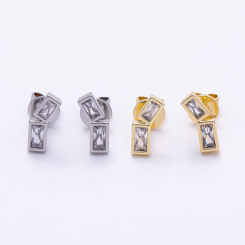 16K Gold Filled 13mm Dual Asymmetrical Baguette Cut Clear CZ Stud Earrings | Earrings-01036 - Earrings-01037