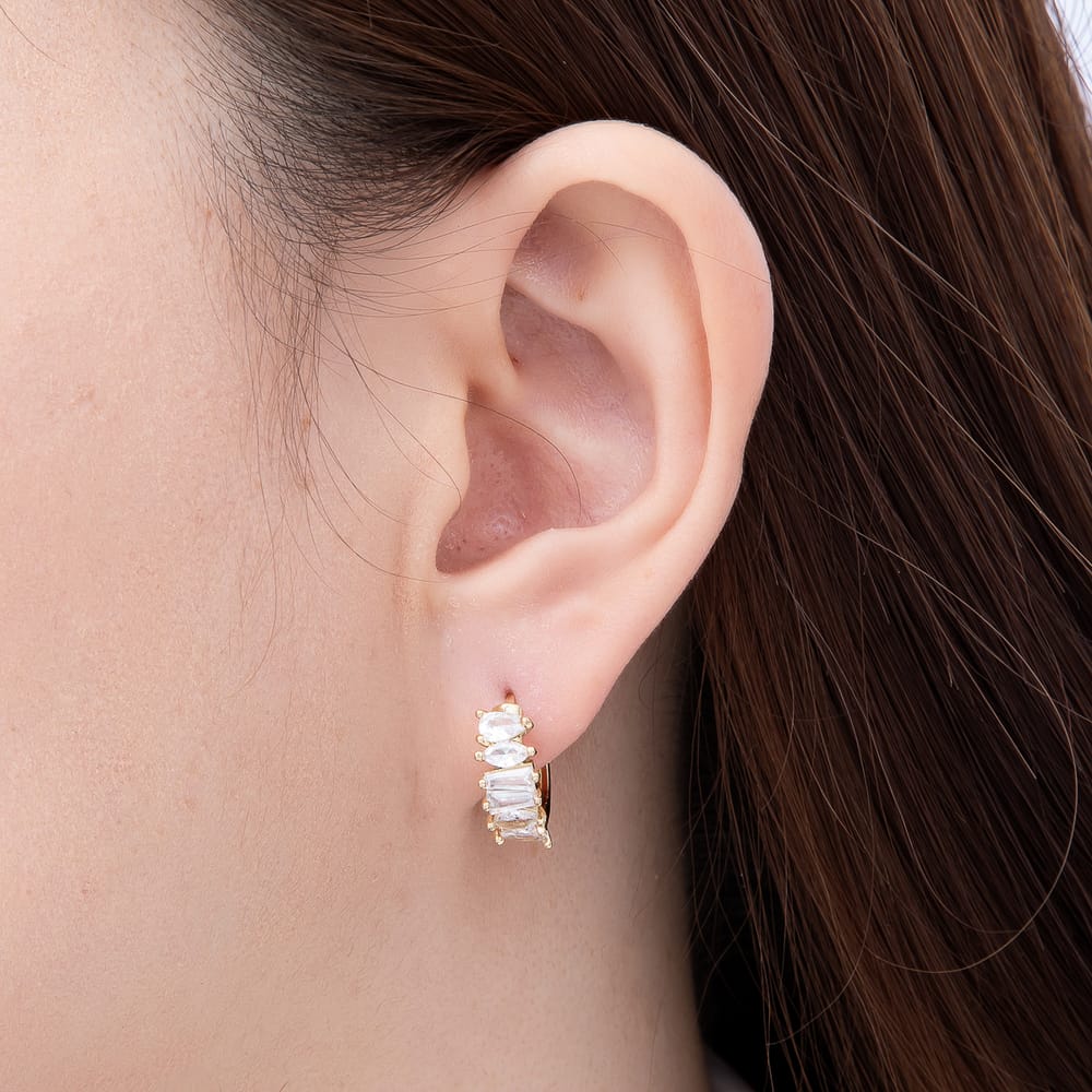 14K Gold Filled 15mm Clear CZ Teardrop Marquise Baguette Lined Huggie Earrings | Earrings-01115