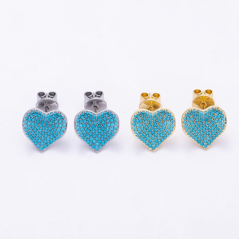 16K Gold Filled 16mm Turquoise Micro Paved CZ Love Heart Stud Earrings | Earrings-01046 - Earrings-01047