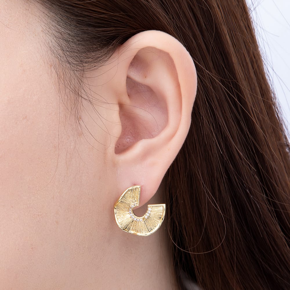 16K Gold Filled 20mm Clear CZ Radiant Sunburst Textured Fan Stud Earrings| Earrings-00813