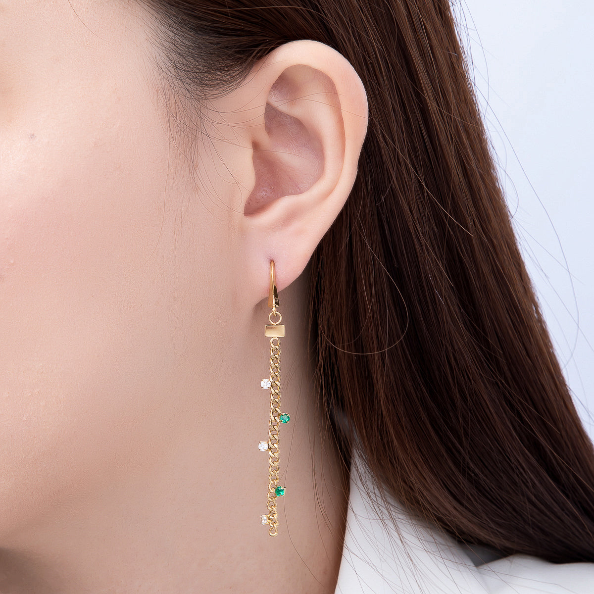 Stainless Steel 70mm Clear Green CZ Curb Chain Drop Fish Hook Earrings | Earrings-00755