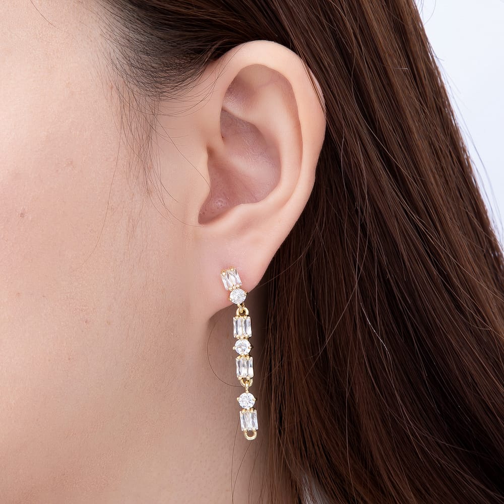 16K Gold Filled 44mm Long Linear Baguette & Round CZ Drop Stud Earring | Findings-00548