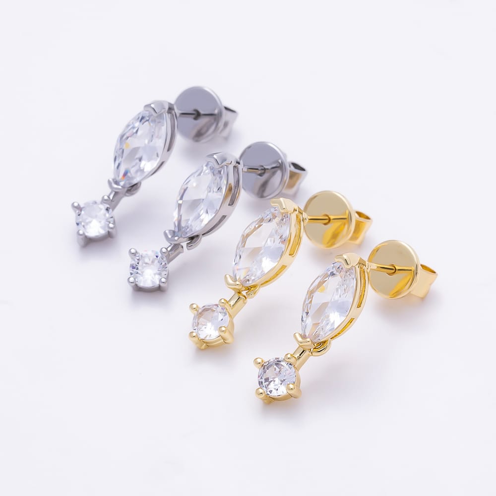 16K Gold Filled 18mm Marquise and Round Clear CZ Drop Stud Earrings | Earrings-01051 - Earrings-01052