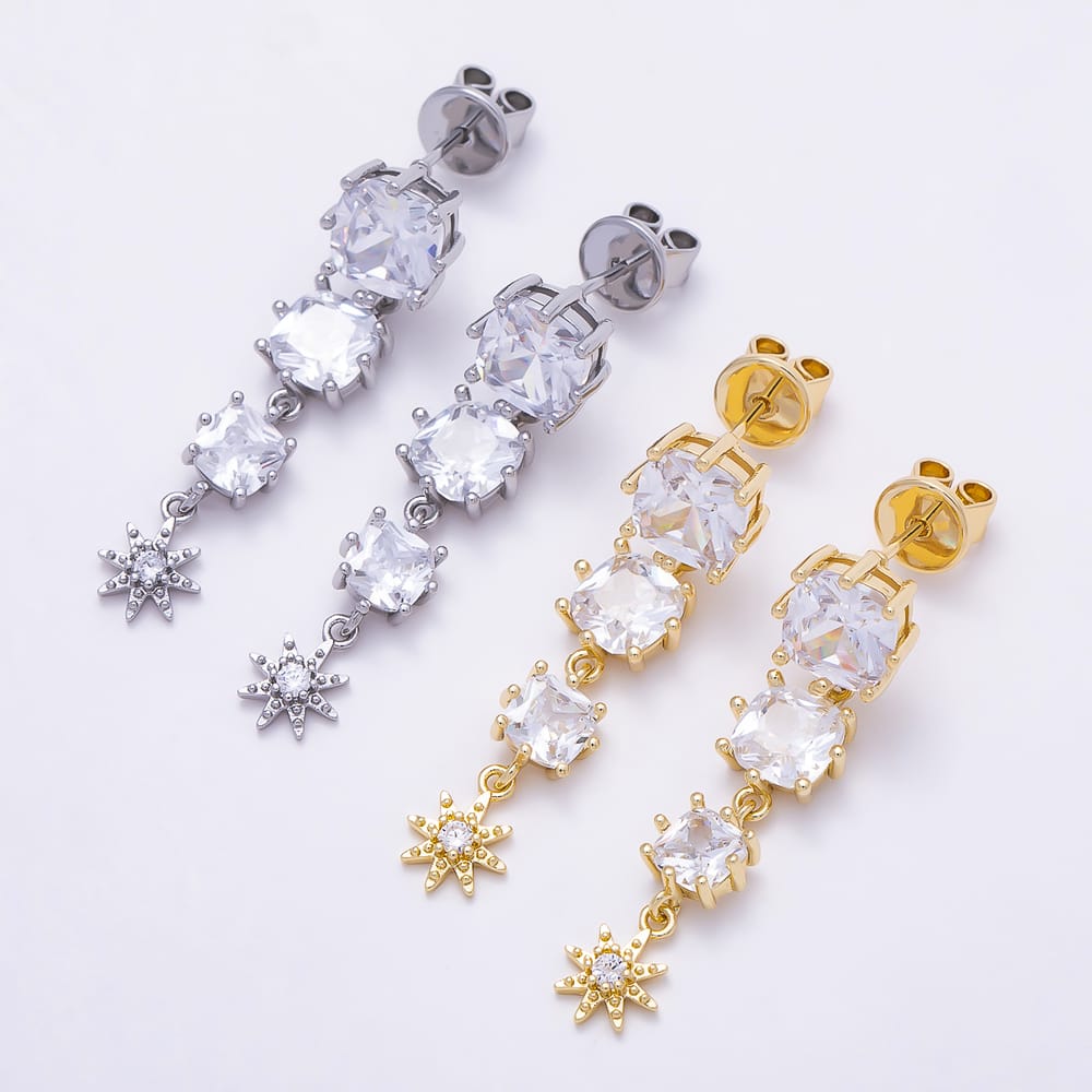 16K Gold Filled 35mm Clear CZ Square Sun Celestial Drop Stud Earrings in Gold & Silver | Earrings-01055 Earrings-01056