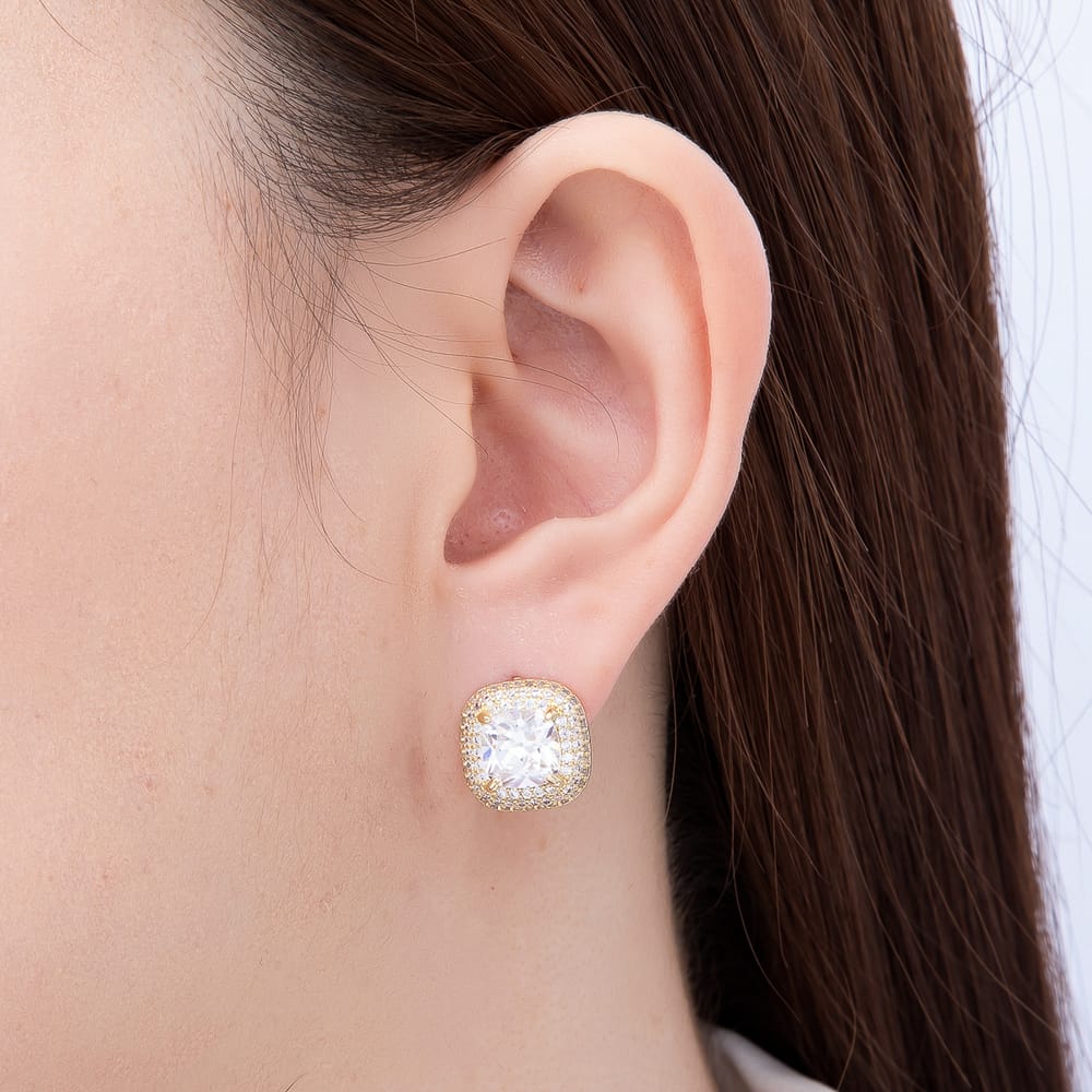 16K Gold Filled 17mm Micro Paved CZ Square Bezel Stud Earrings | Earrings-00954
