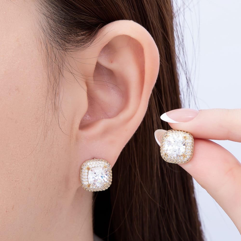 16K Gold Filled 17mm Micro Paved CZ Square Bezel Stud Earrings | Earrings-00954