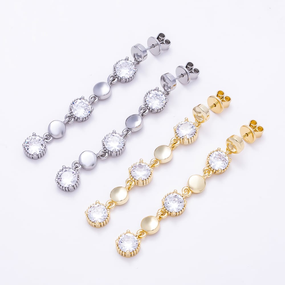 16K Gold Filled 53mm Clear CZ Round Drop Stud Earrings in Gold & Silver | Earrings-01049  Earrings-01050