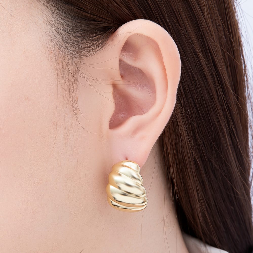 16K Gold Filled 25mm Simple Plain Chunky Croissant Ribbed Half-Hoop Earrings| Earrings-00814
