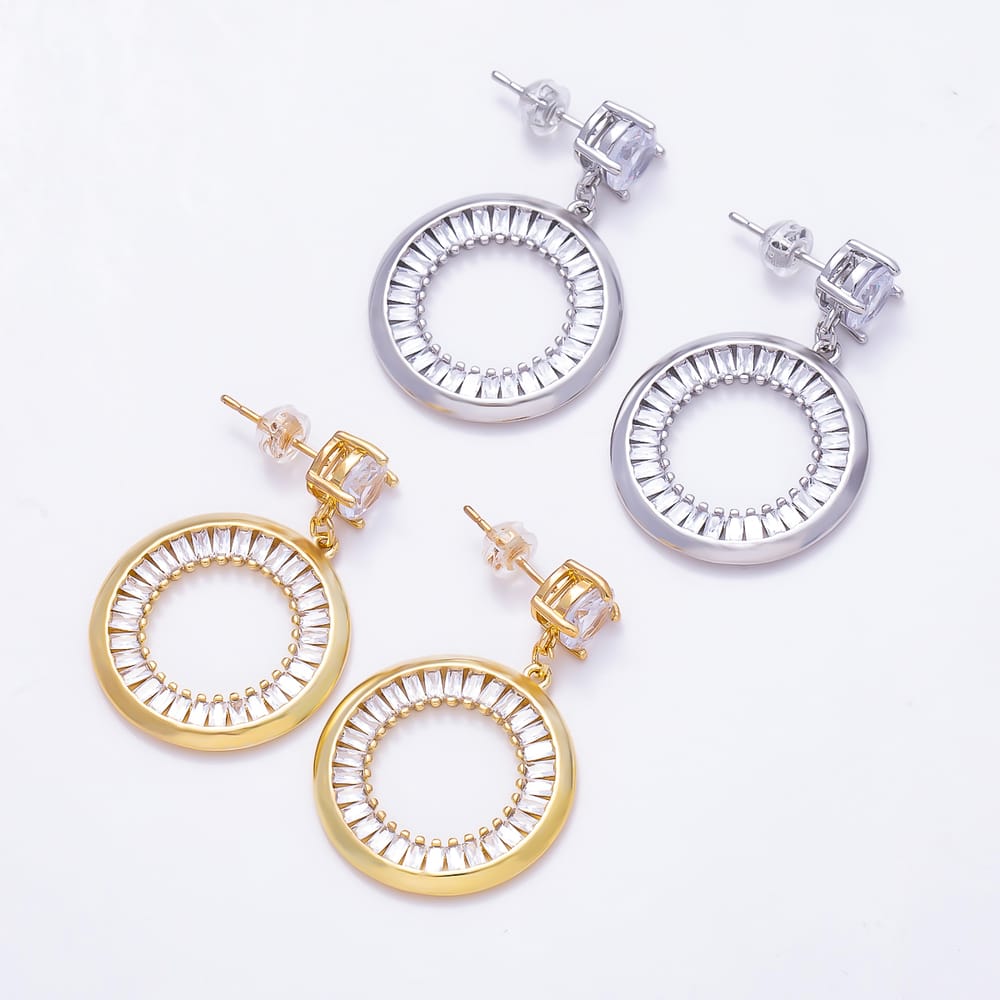 16K Gold Filled 35mm Round Solitaire & Baguette CZ Open Circle Drop Earrings| Earrings-00920 - Earrings-00921