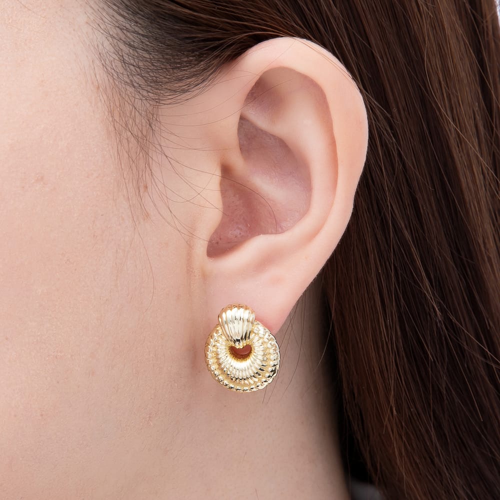14K Gold Filled 20mm Ribbed Lined Circular Geometric Door Knocker Drop Stud Earrings | Earrings-01134