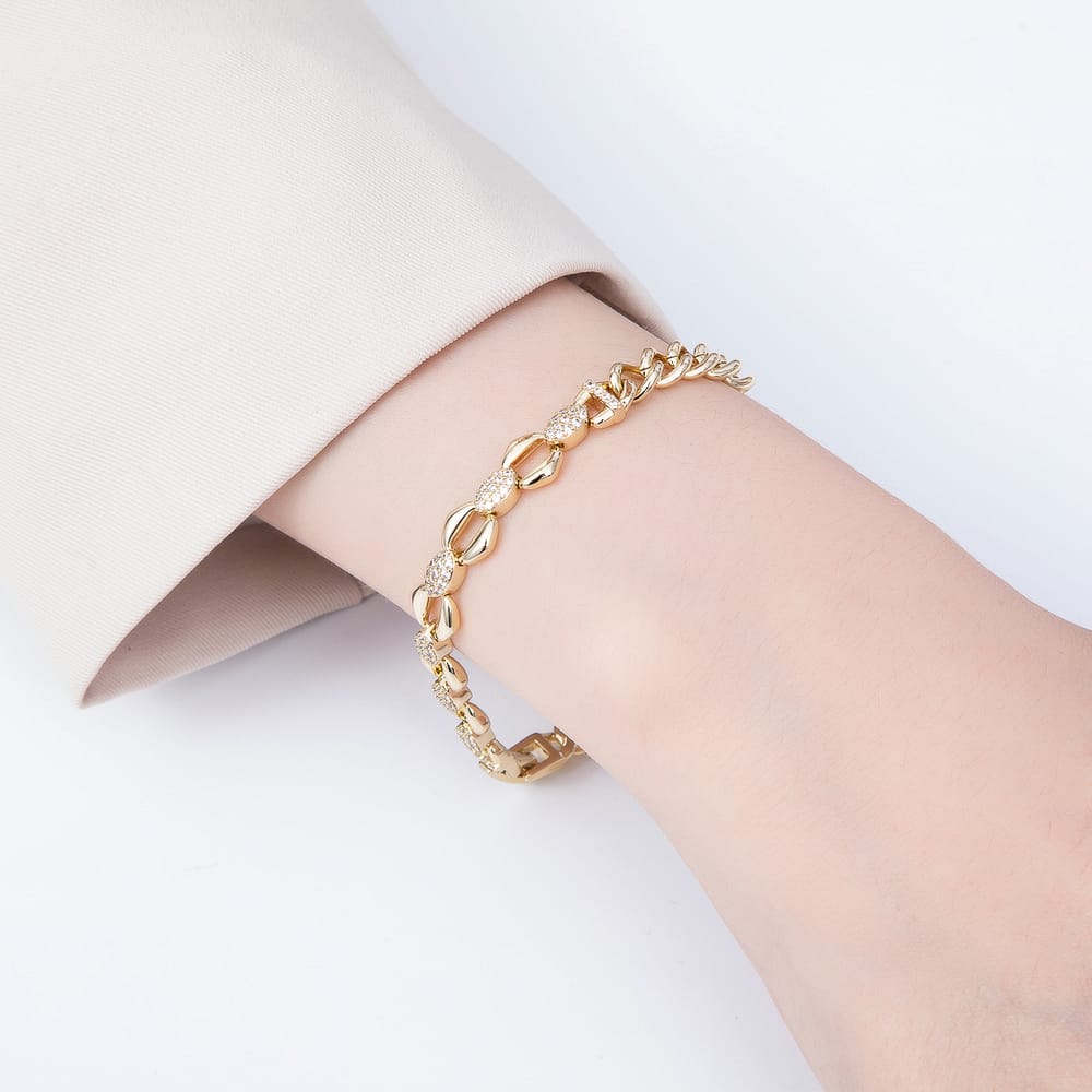 14K Gold Filled 7mm Clear Micro Paved CZ Geometric Curb Half Chain 6.5 Inch Bracelet | WA-01492
