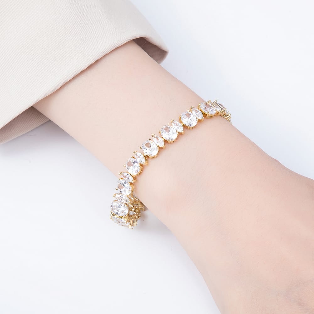 14K Gold Filled 8mm Clear CZ Oval Teardrop Tennis Gemstone Chain 7 Inch Bracelet | WA-01306