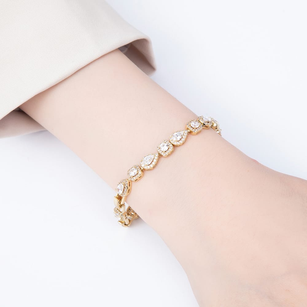 14K Gold Filled 6.5mm Teardrop Round Square Micro Paved CZ Gemstone Chain 6.5 Inch Bracelet | WA-01318