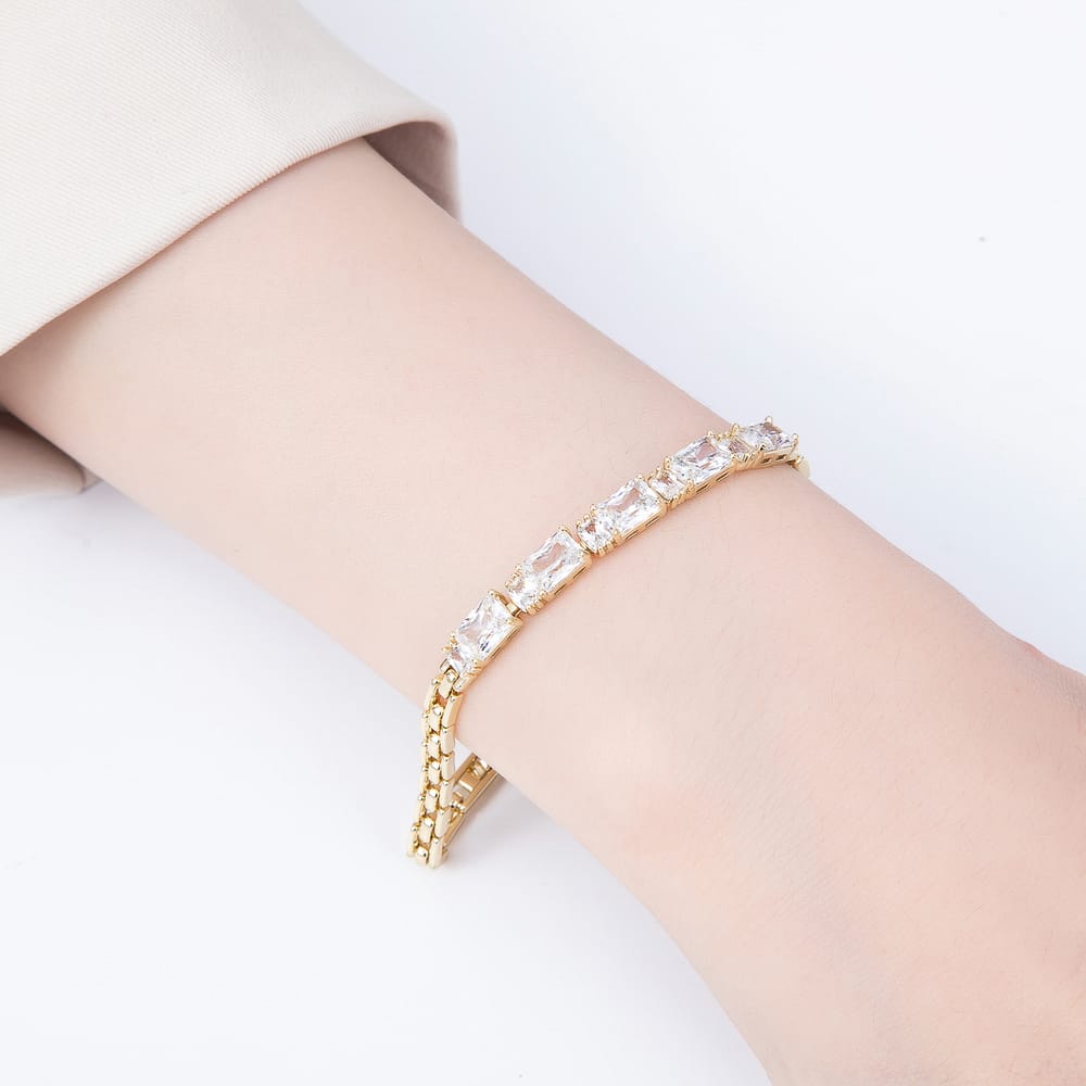 14K Gold Filled 5mm Clear CZ Baguette Panther Gemstone Chain 6.5 Inch Bracelet | WA-01331