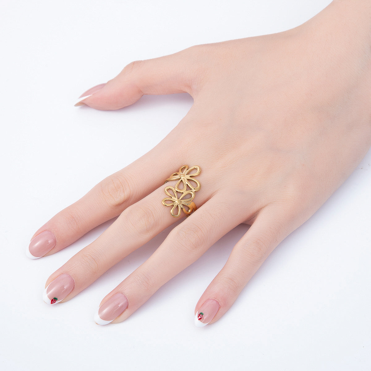 PVD Gold Stainless Steel Double Minimalist Open Bezel Flower Ring | Rings-00326