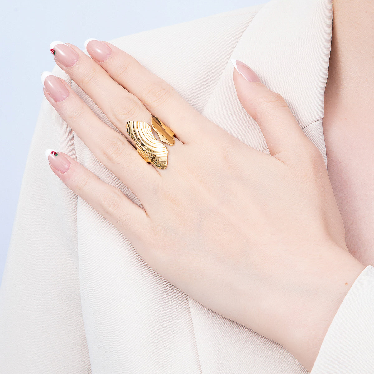 PVD Gold Stainless Steel Round Line Wavy Textured Geometric Wrap Ring | Rings-00314