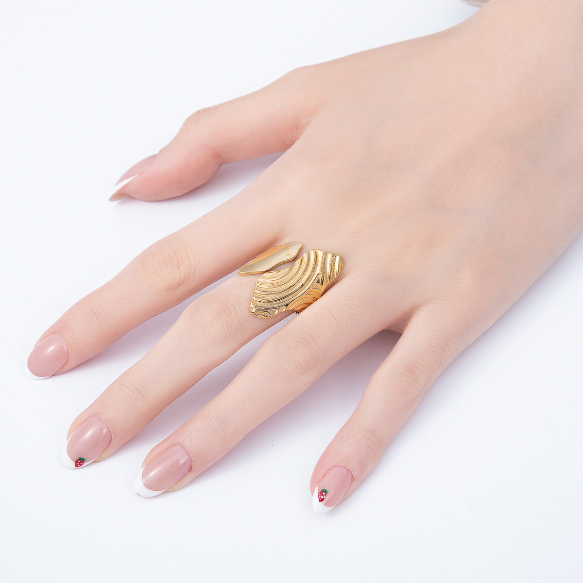 PVD Gold Stainless Steel Round Line Wavy Textured Geometric Wrap Ring | Rings-00314