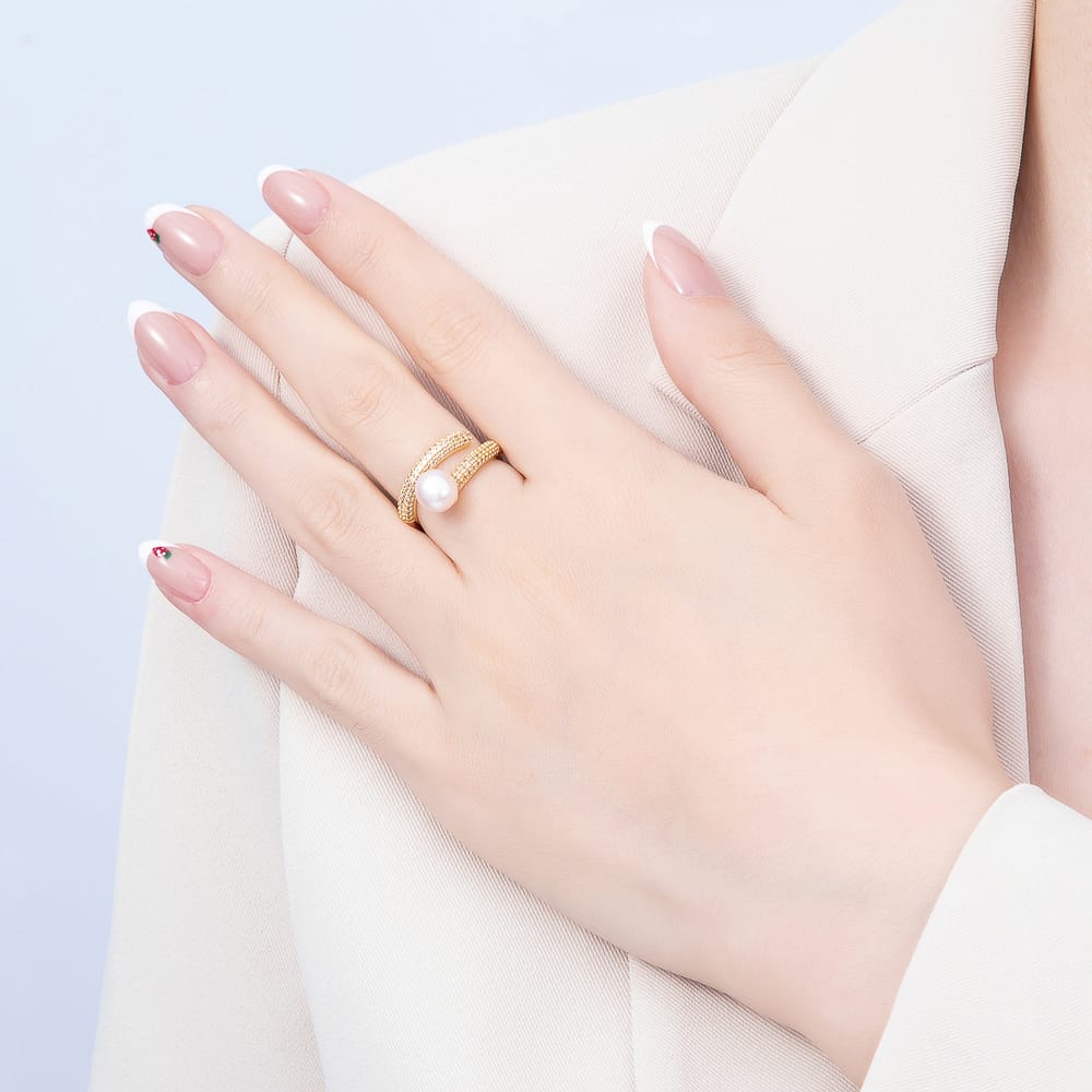 16K Gold Filled Shell Pearl Micro Paved CZ Wrap Adjustable Ring | Rings-00425
