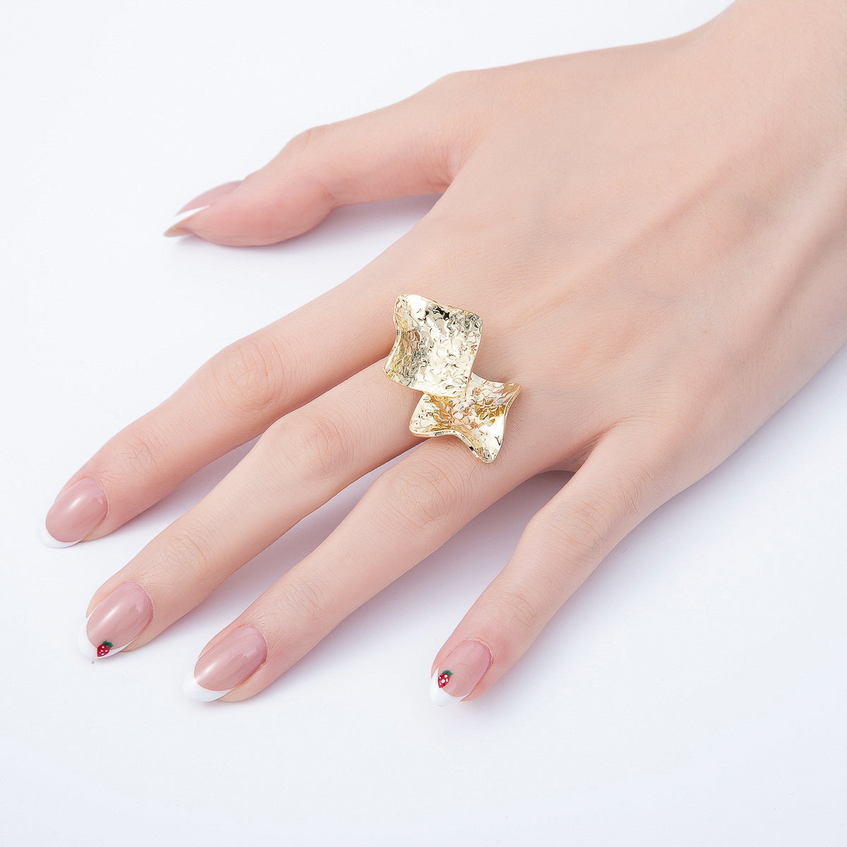 16K Gold Filled Double Geometric Hammered Wave Rhombus Foil Ring | Rings-00307