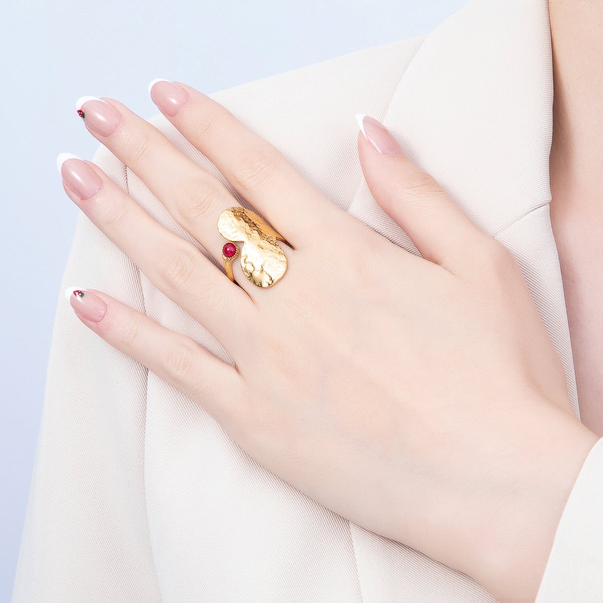 PVD Gold Stainless Steel Red Agate Gemstone Hammered Geometric Wrap Ring | Rings-00313
