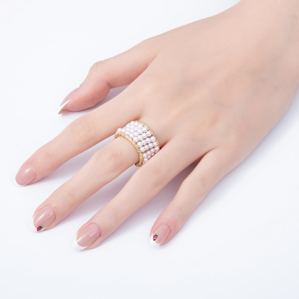 16K Gold Filled White Shell Pearl Wide Wire Wrapped Multi-Row Adjustable Ring | Rings-00415