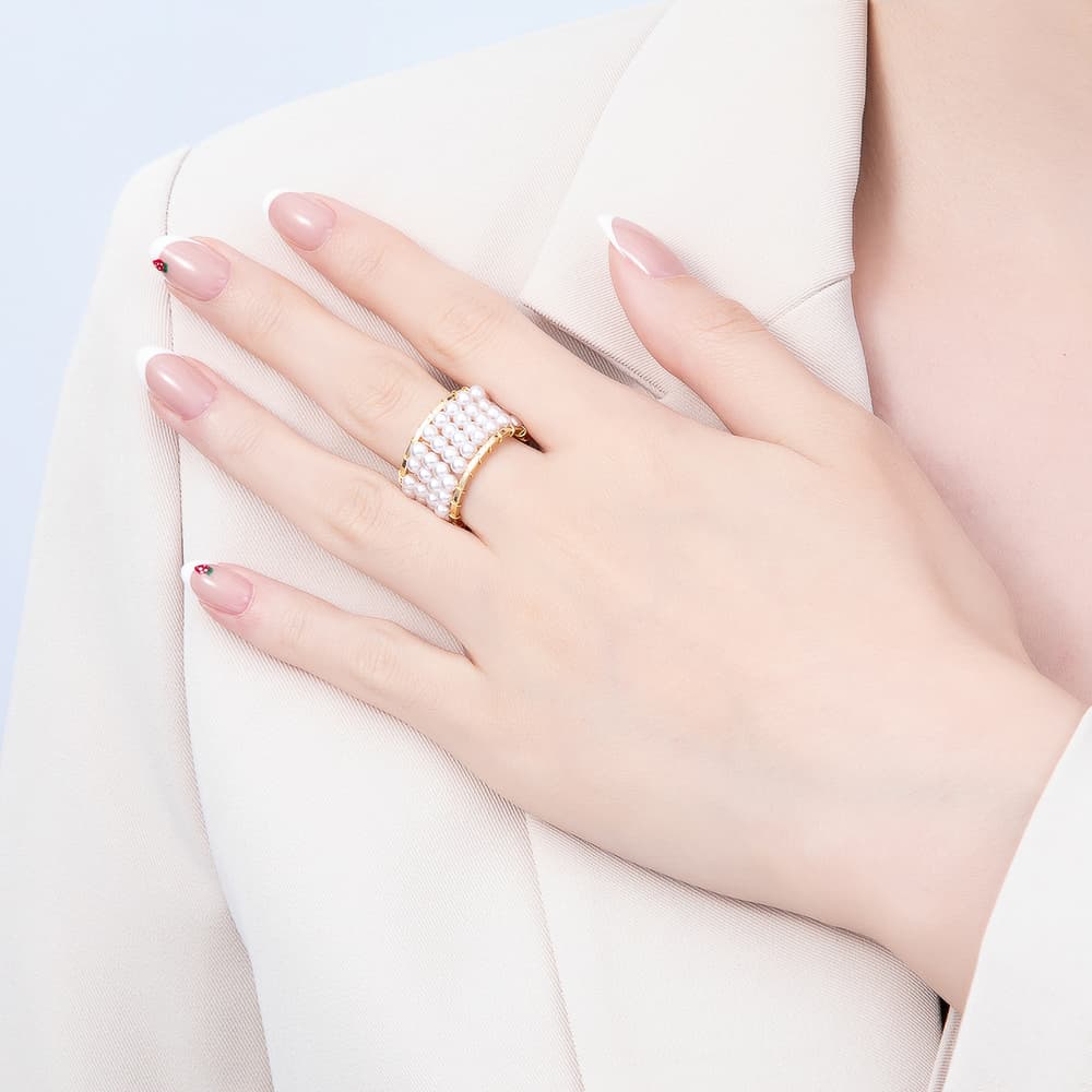 16K Gold Filled White Shell Pearl Wide Wire Wrapped Multi-Row Adjustable Ring | Rings-00415