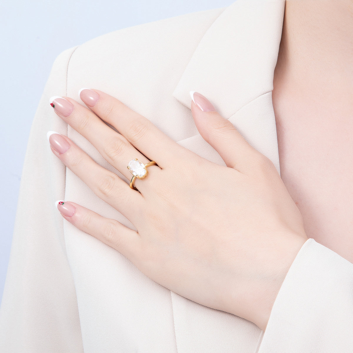 16K Gold Filled Clear CZ Oval Prong Solitaire Ring | Rings-00303