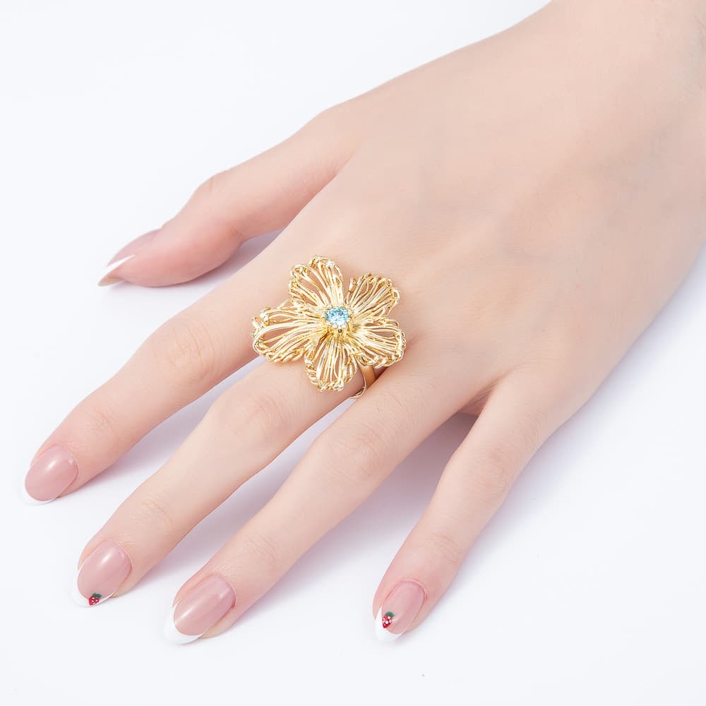 16K Gold Filled Green, Blue CZ Hollow Wire Filigree Flower Statement Adjustable Ring | Rings-00412 - Rings-00413