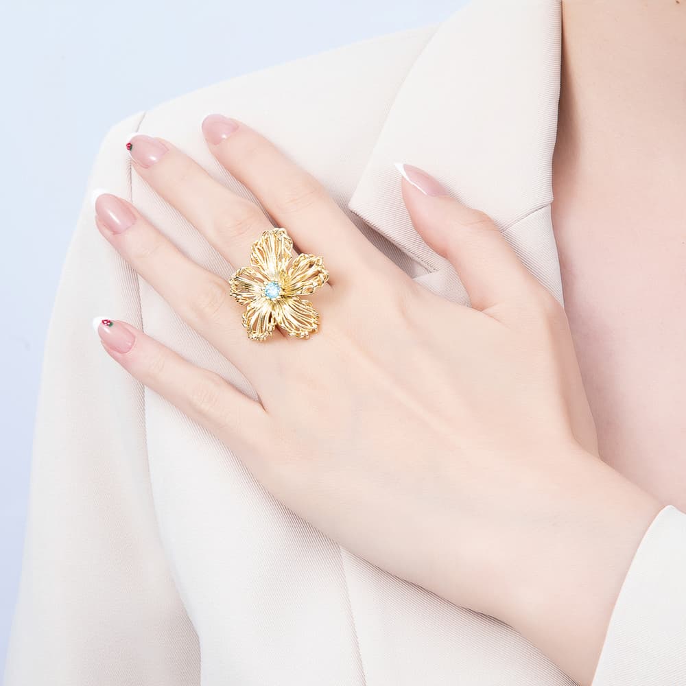 16K Gold Filled Green, Blue CZ Hollow Wire Filigree Flower Statement Adjustable Ring | Rings-00412 - Rings-00413