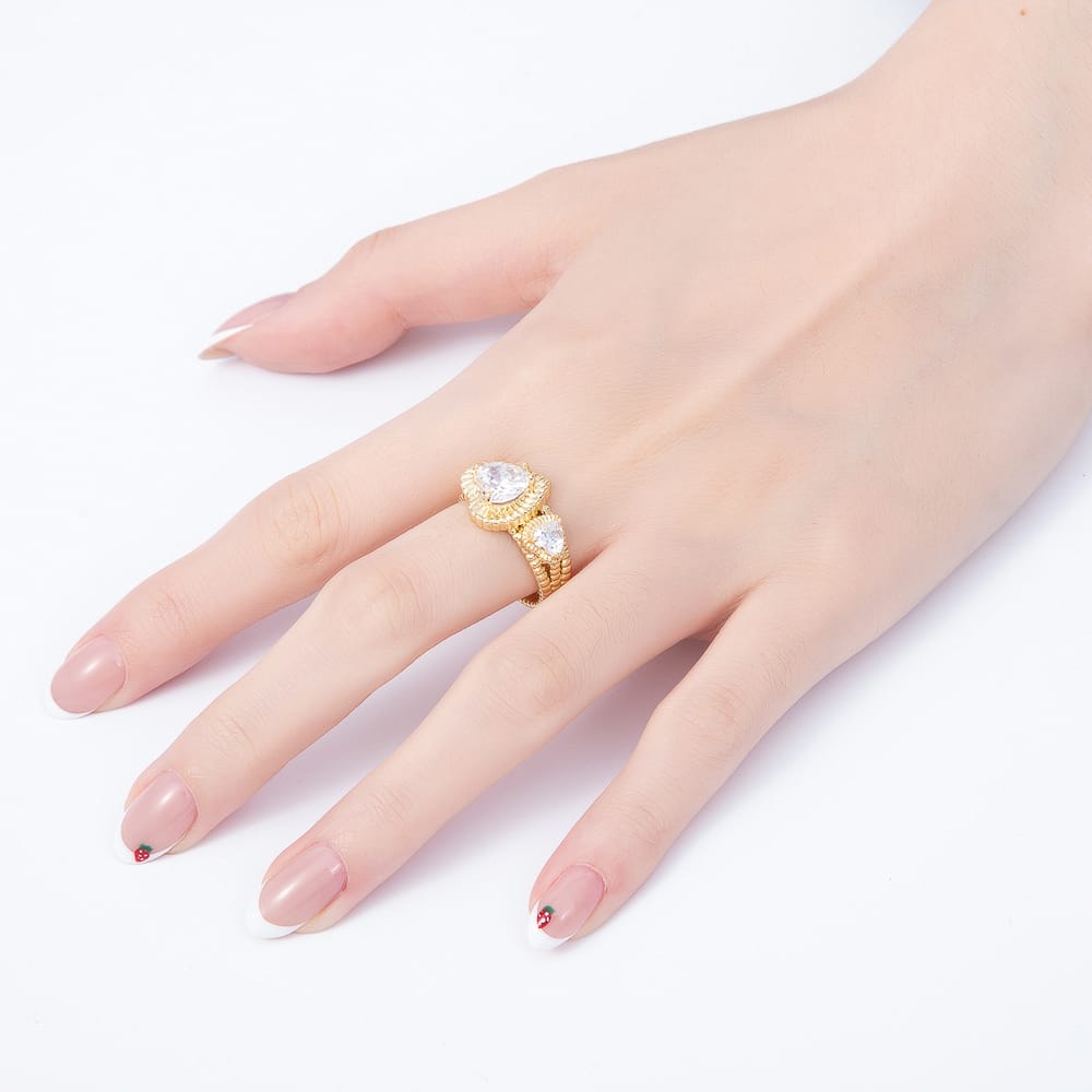 16K Gold Filled Clear CZ Ribbed Textured Double Heart Open Adjustable Ring | Rings-00417