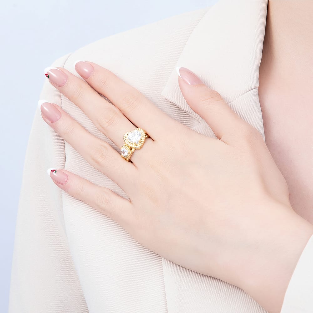 16K Gold Filled Clear CZ Ribbed Textured Double Heart Open Adjustable Ring | Rings-00417