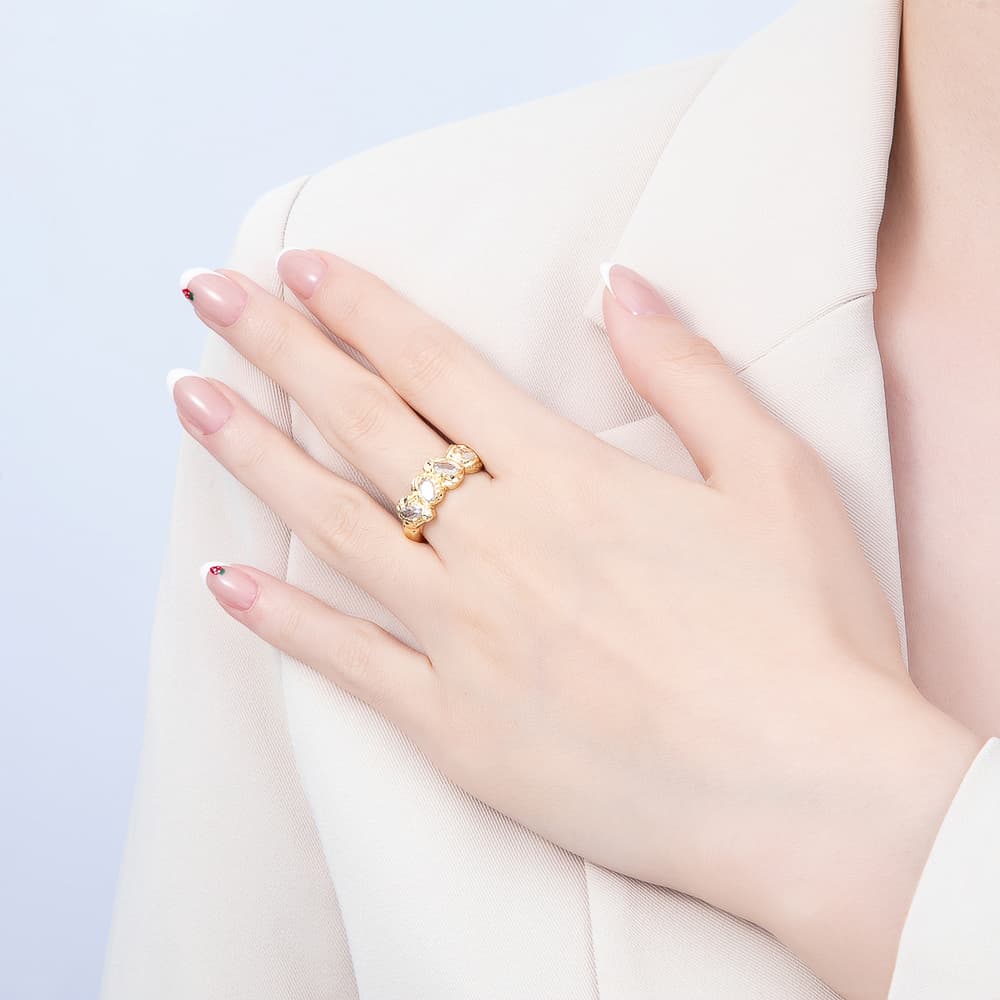 16K Gold Filled Clear Oval CZ Irregular Organic Molten Open Adjustable Ring | Rings-00414