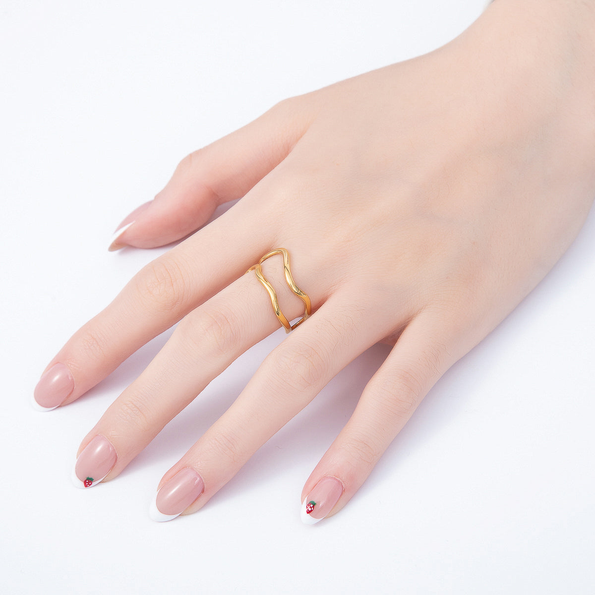 PVD Gold Stainless Steel Minimalist Wavy Double Band Ring | Rings-00316