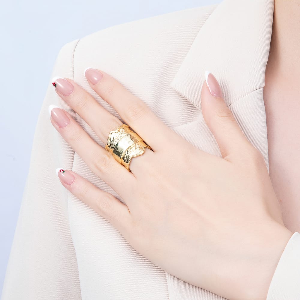 16K Gold Filled Wide Hammered Organic Texture Chunky Statement Adjustable Ring | Rings-00416