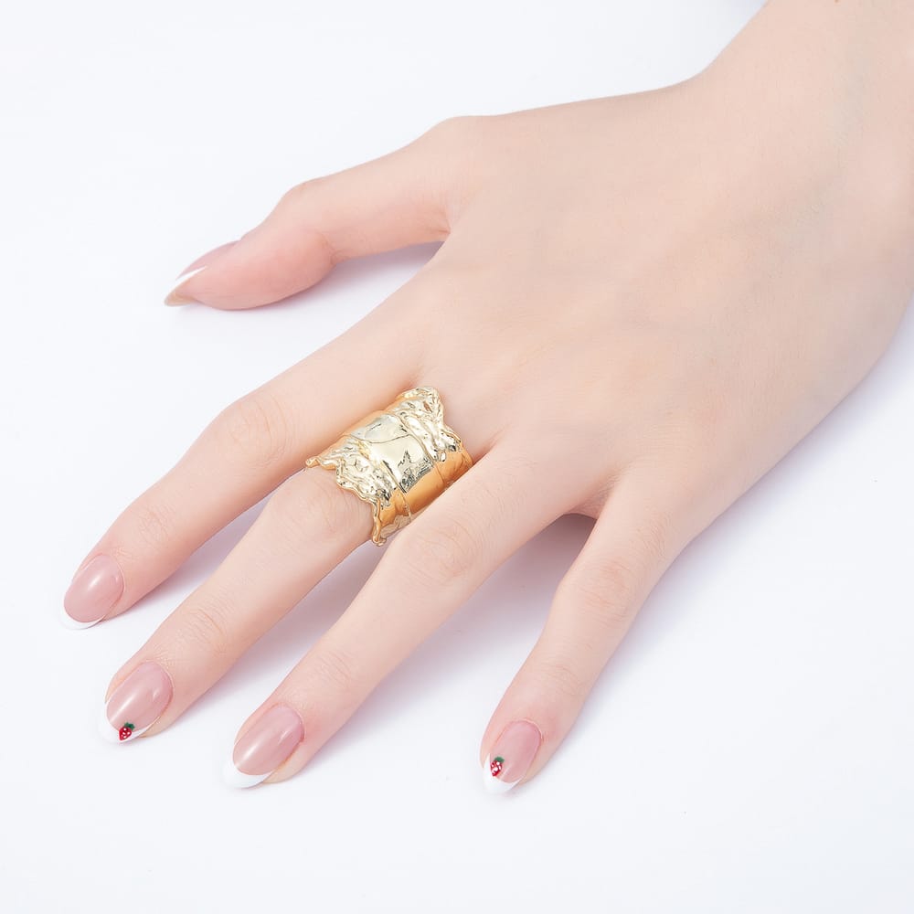 16K Gold Filled Wide Hammered Organic Texture Chunky Statement Adjustable Ring | Rings-00416