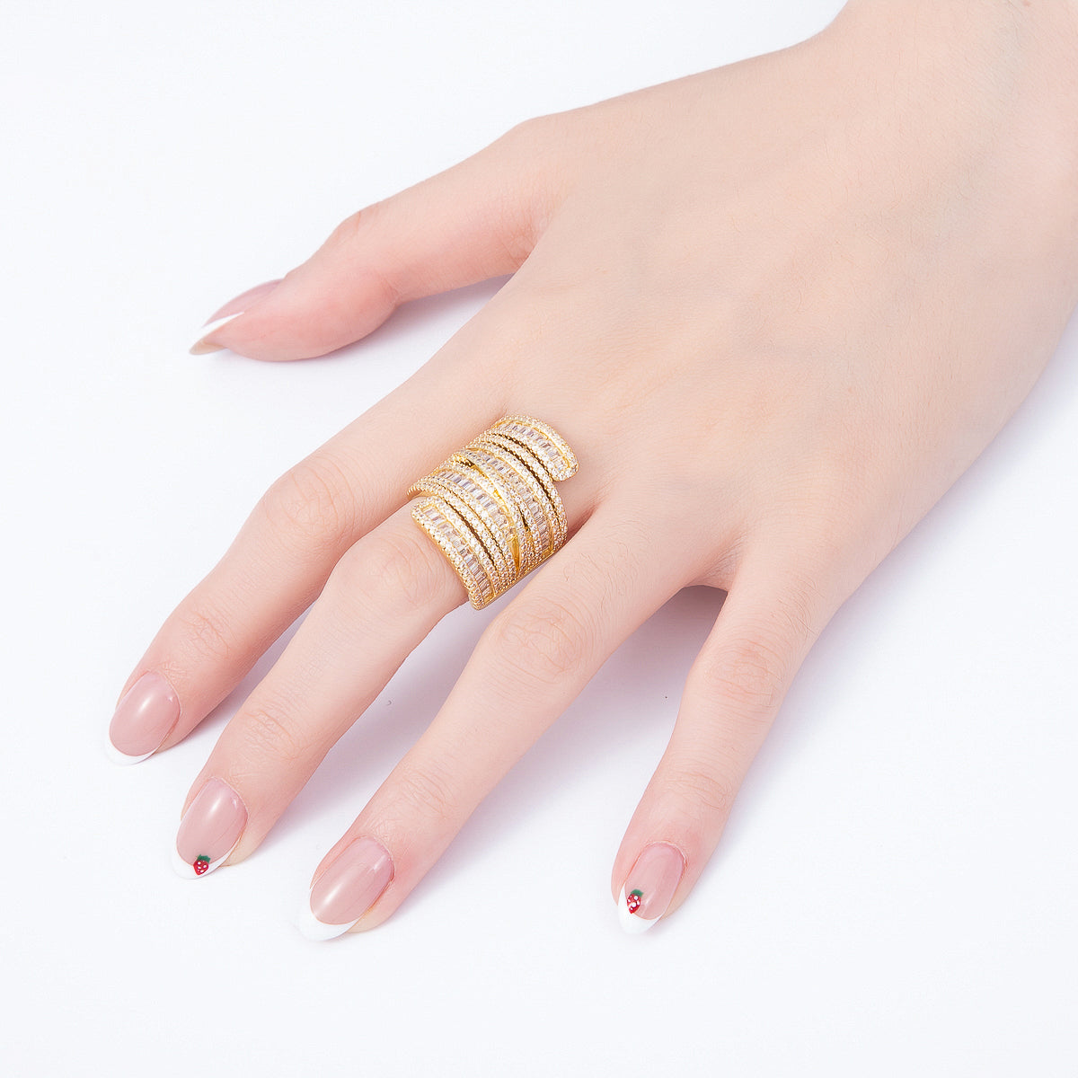 16K Gold Filled Multi-Row Baguette & Round CZ Layered Statement Adjustable Ring | Rings-00347