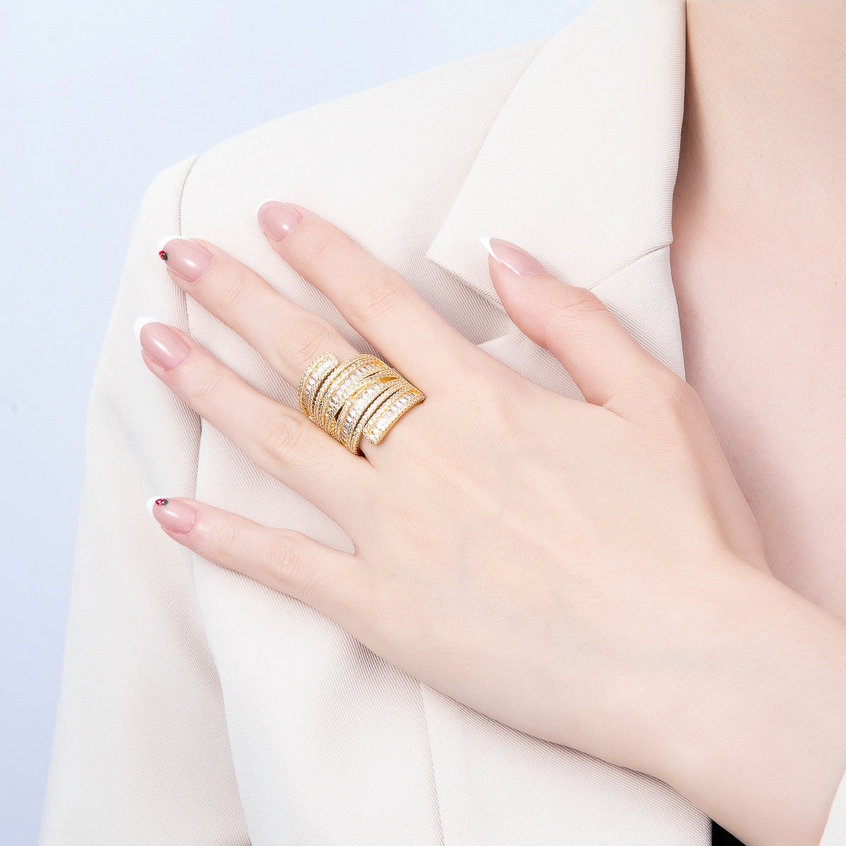 16K Gold Filled Multi-Row Baguette & Round CZ Layered Statement Adjustable Ring | Rings-00347