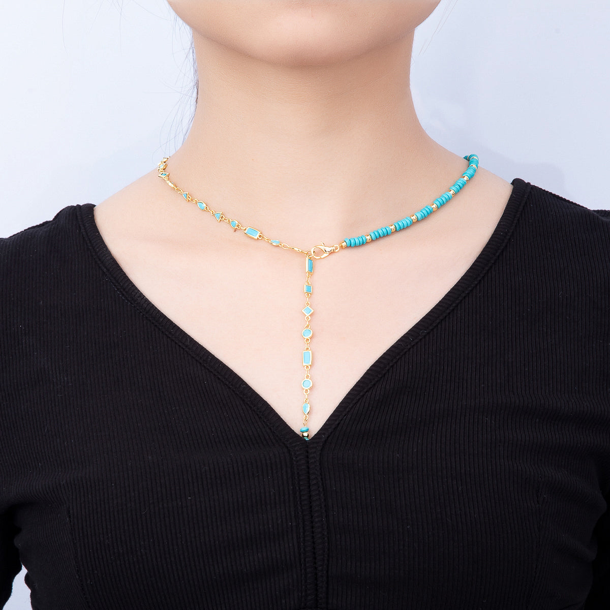 18K Gold Filled Floating Turquoise Multi Cut Rondelle Bezel Half Cable Gemstone Floating Necklace Chain 19 Inch Necklace | WA-01384