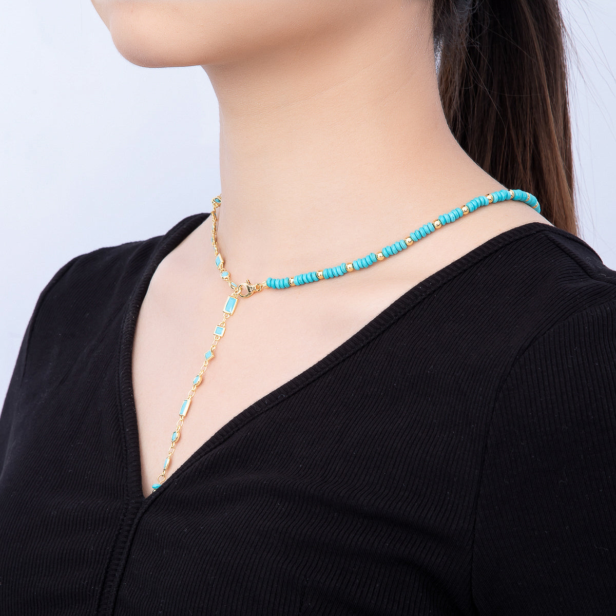 18K Gold Filled Floating Turquoise Multi Cut Rondelle Bezel Half Cable Gemstone Floating Necklace Chain 19 Inch Necklace | WA-01384