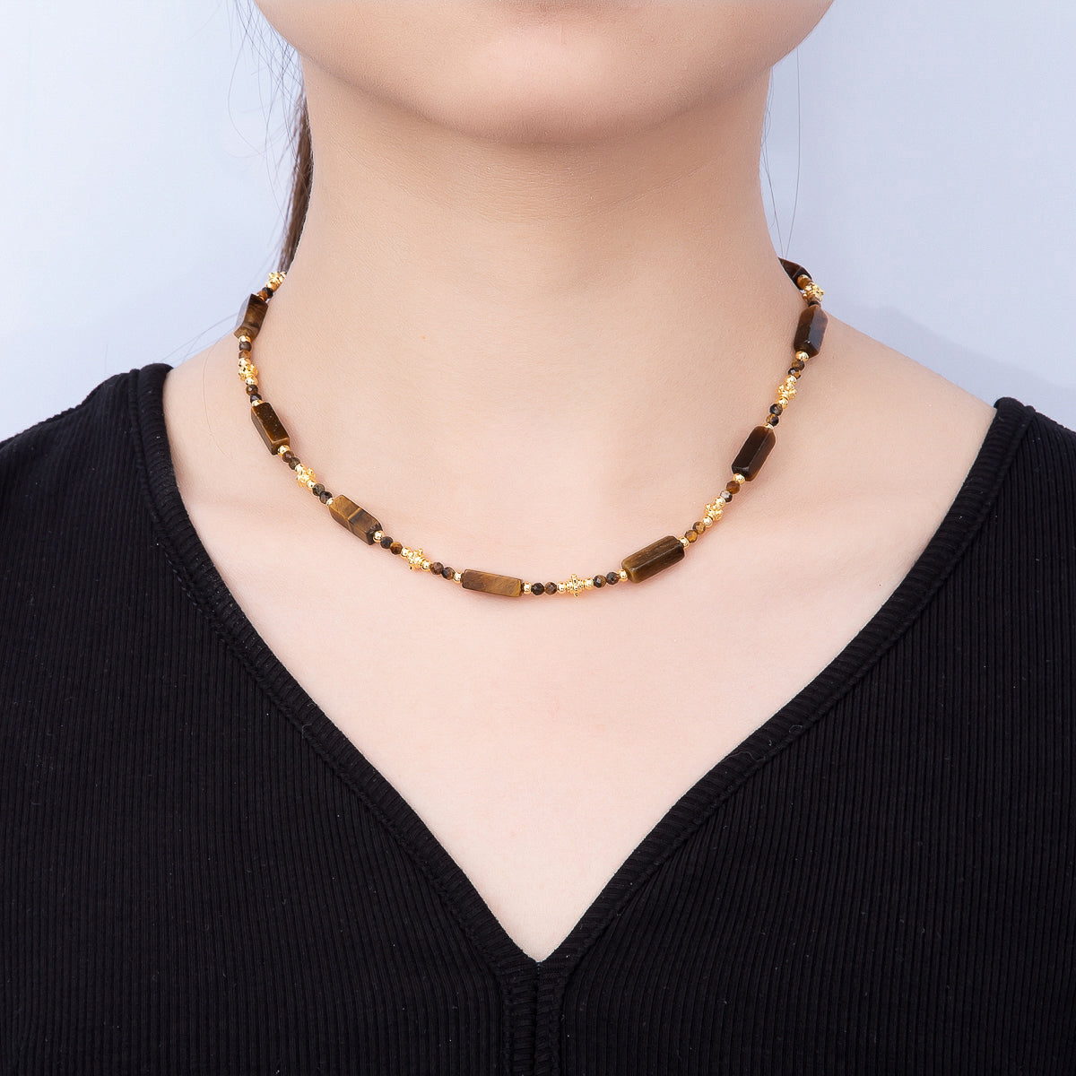 Handmade 3mm Tiger Eye Tube Rectangle Multifaceted Round Gemstone Chain 16.5 Inch Necklace | WA-00427