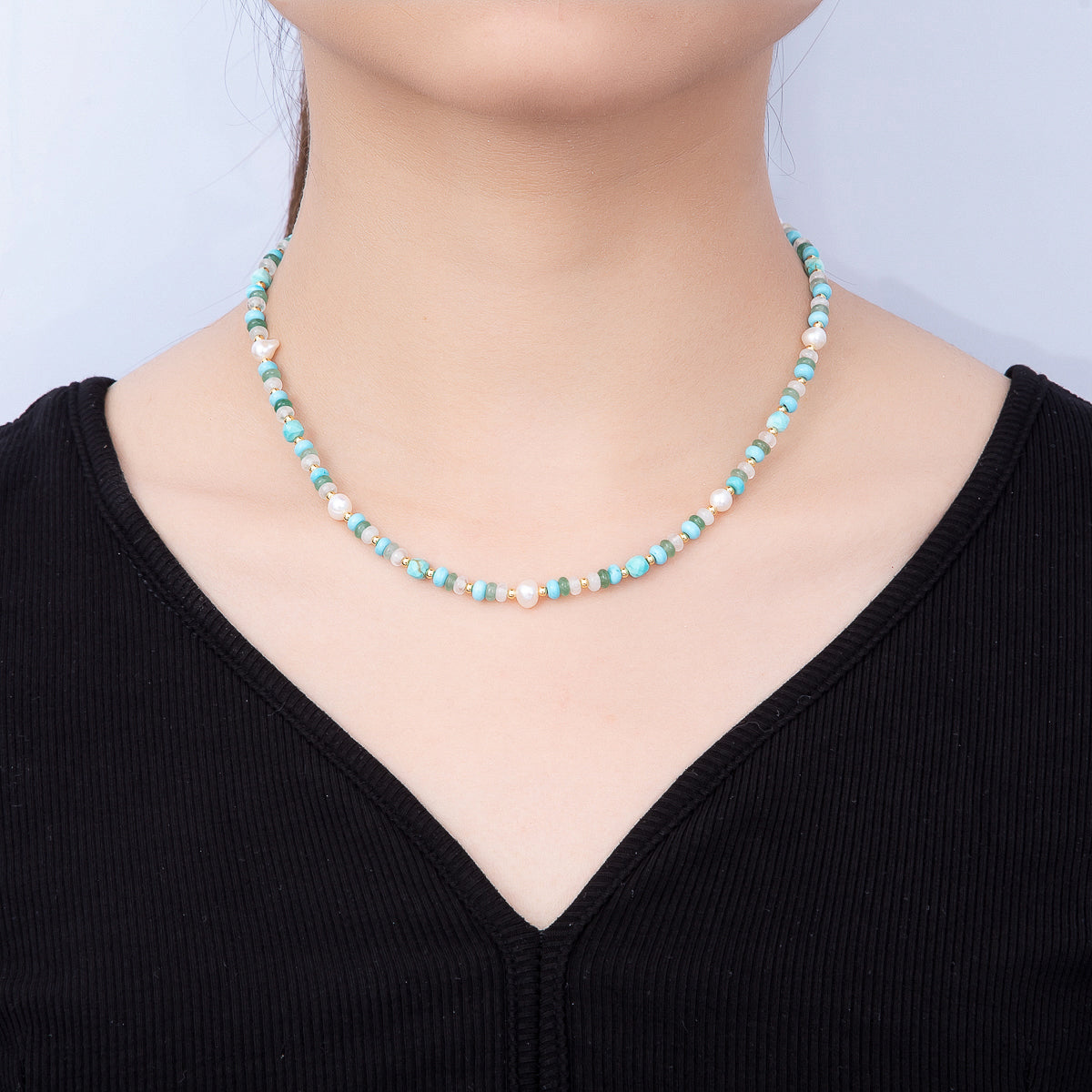 Handmade 4mm Shell Pearl Turquoise Aventurine Clear Quartz Rondelle Gemstone Chain 16 Inch Necklace | WA-00451