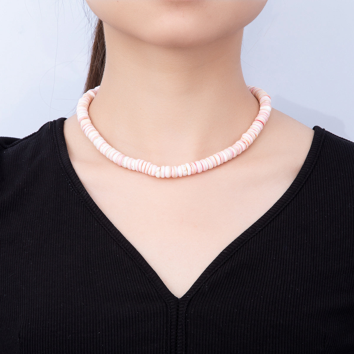 SUMMER 18K Gold Filled 9mm Pink Shell Heishi Rondelle Gemstone Chain 16 Inch Necklace w. Extender | WA-00398