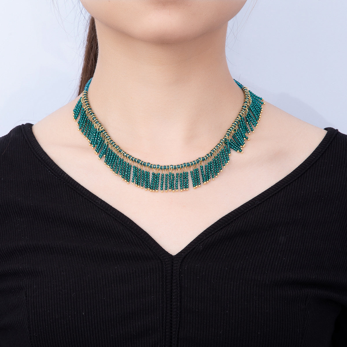 Handmade 3mm Blue, Clear, Brown  Multi Layer Fringe Multifaceted Crystal Gemstone Chain 16 Inch Necklace | WA-01021